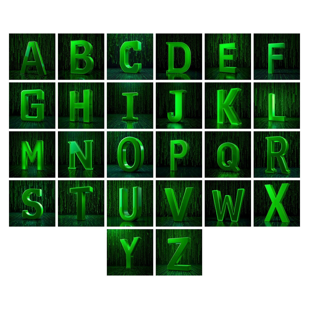 Digital Rain Code alphabet — all 26 letters A to Z, choose any single letter