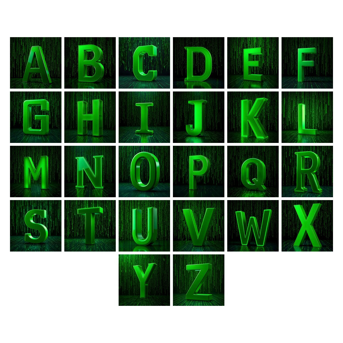 Digital Rain Code alphabet — all 26 letters A to Z, choose any single letter