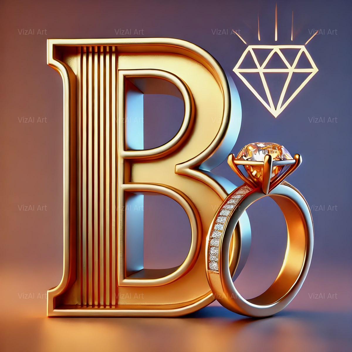 Diamond Ring Gold alphabet — printable letter B