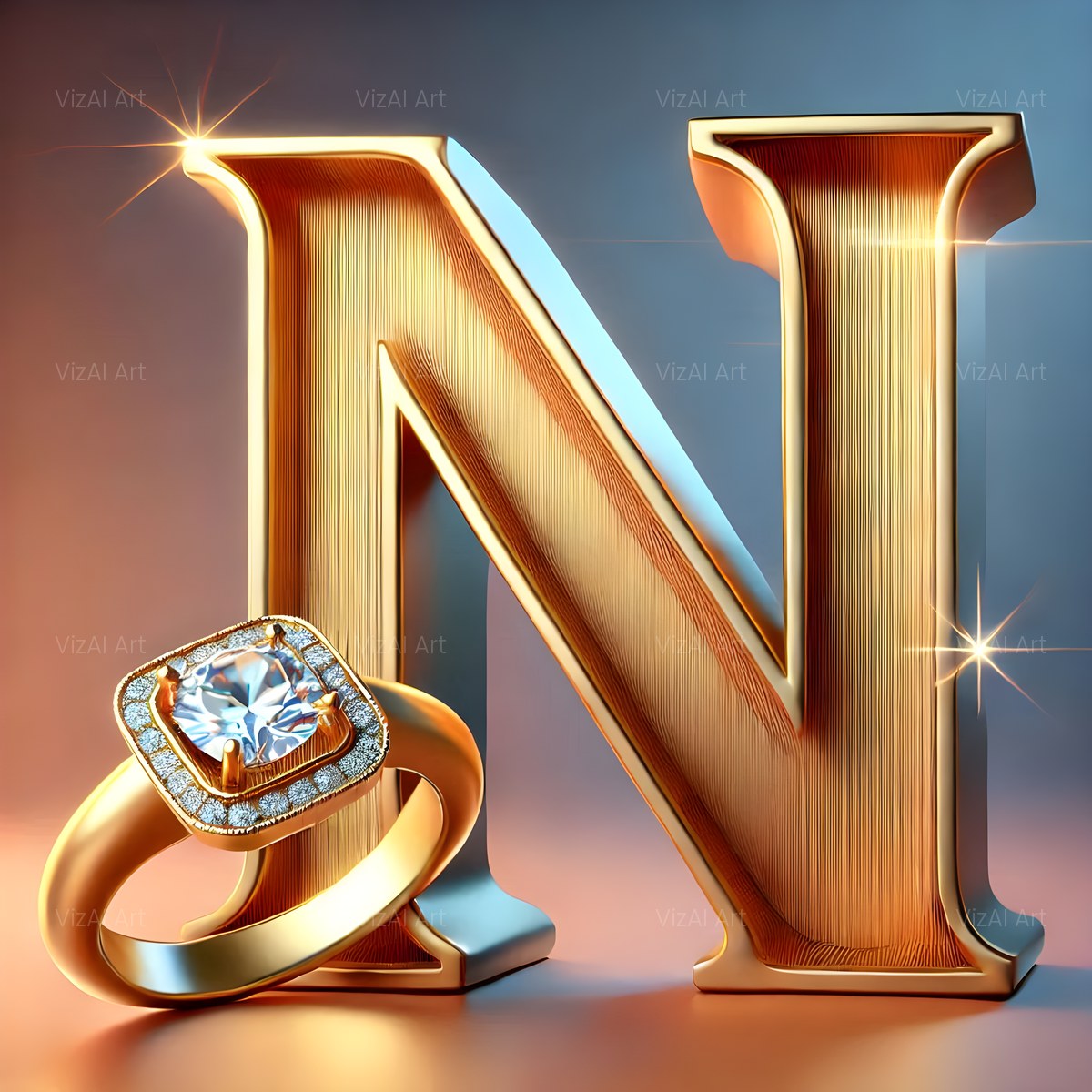 Diamond Ring Gold alphabet — printable letter N