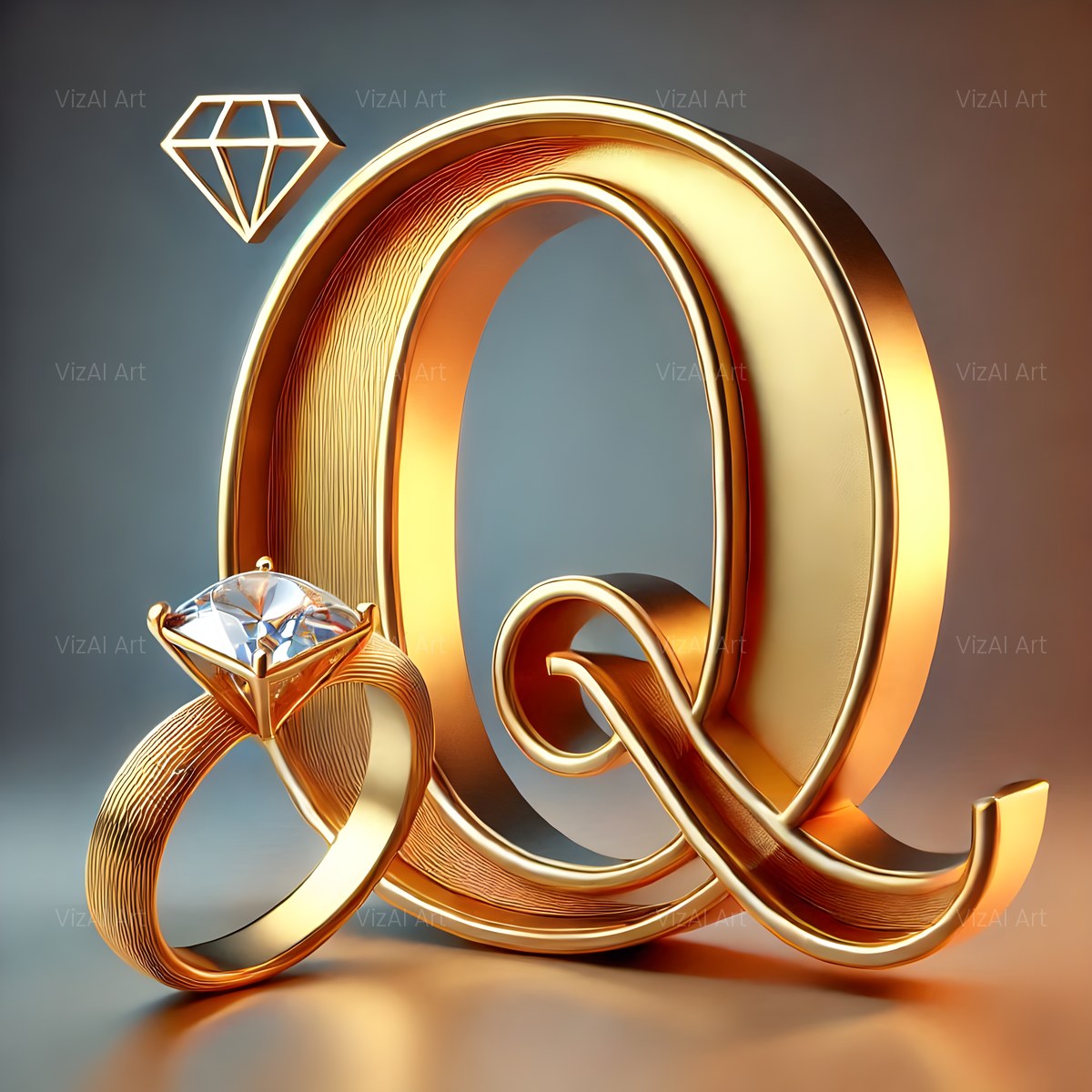 Diamond Ring Gold alphabet — printable letter Q