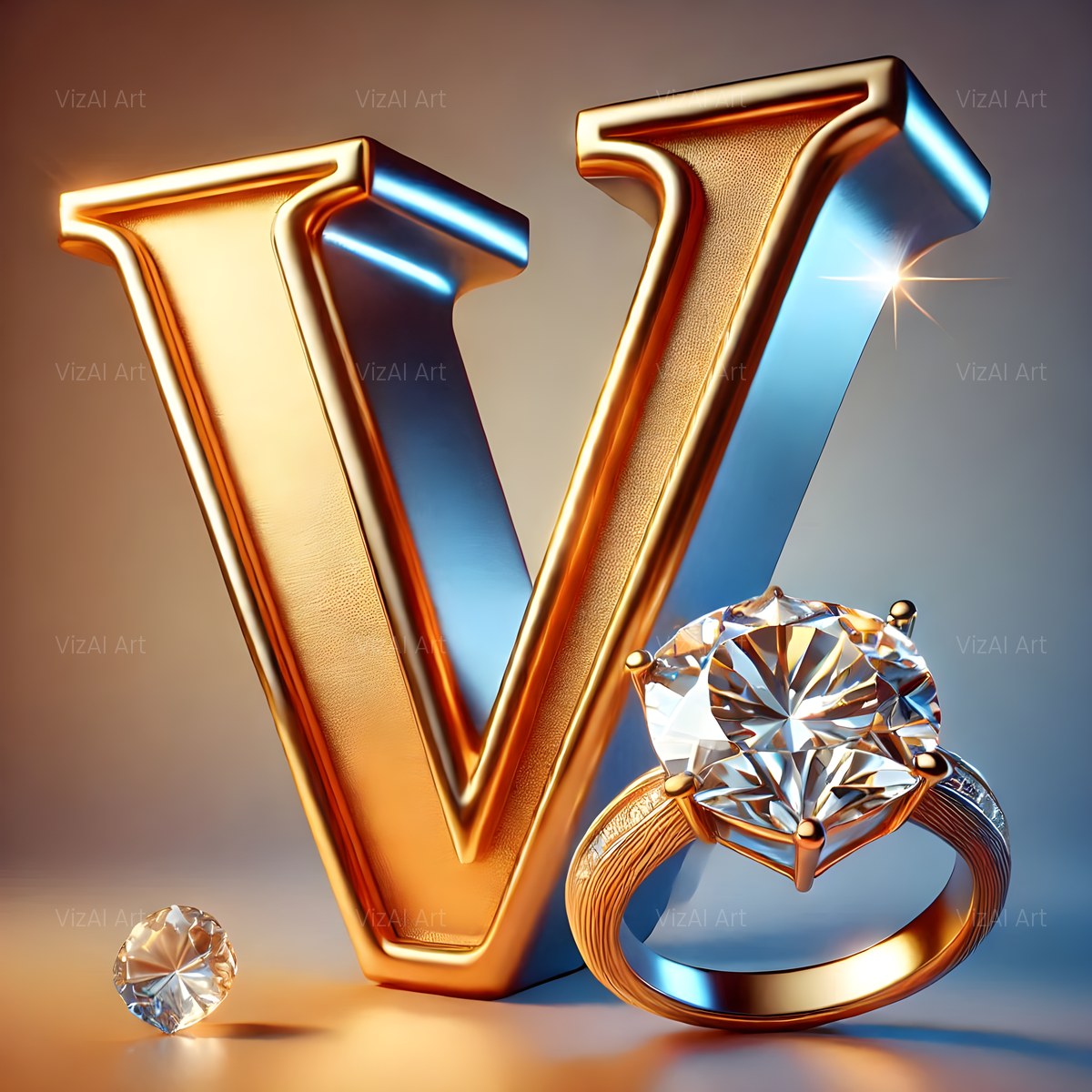 Diamond Ring Gold alphabet — printable letter V