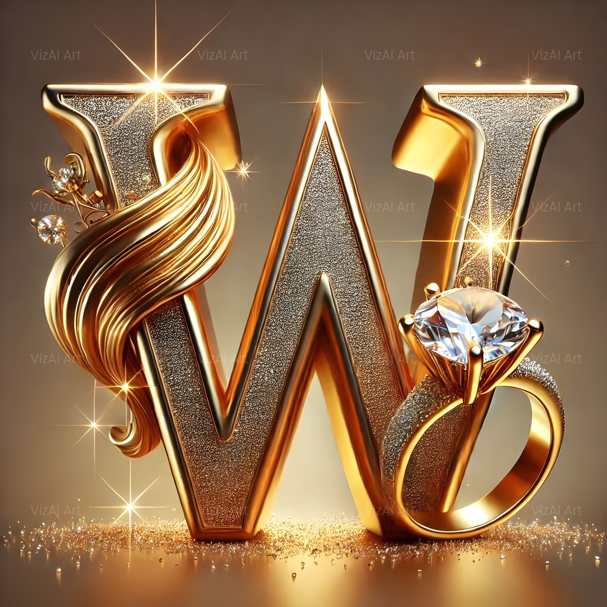 Diamond Ring Gold alphabet — printable letter W