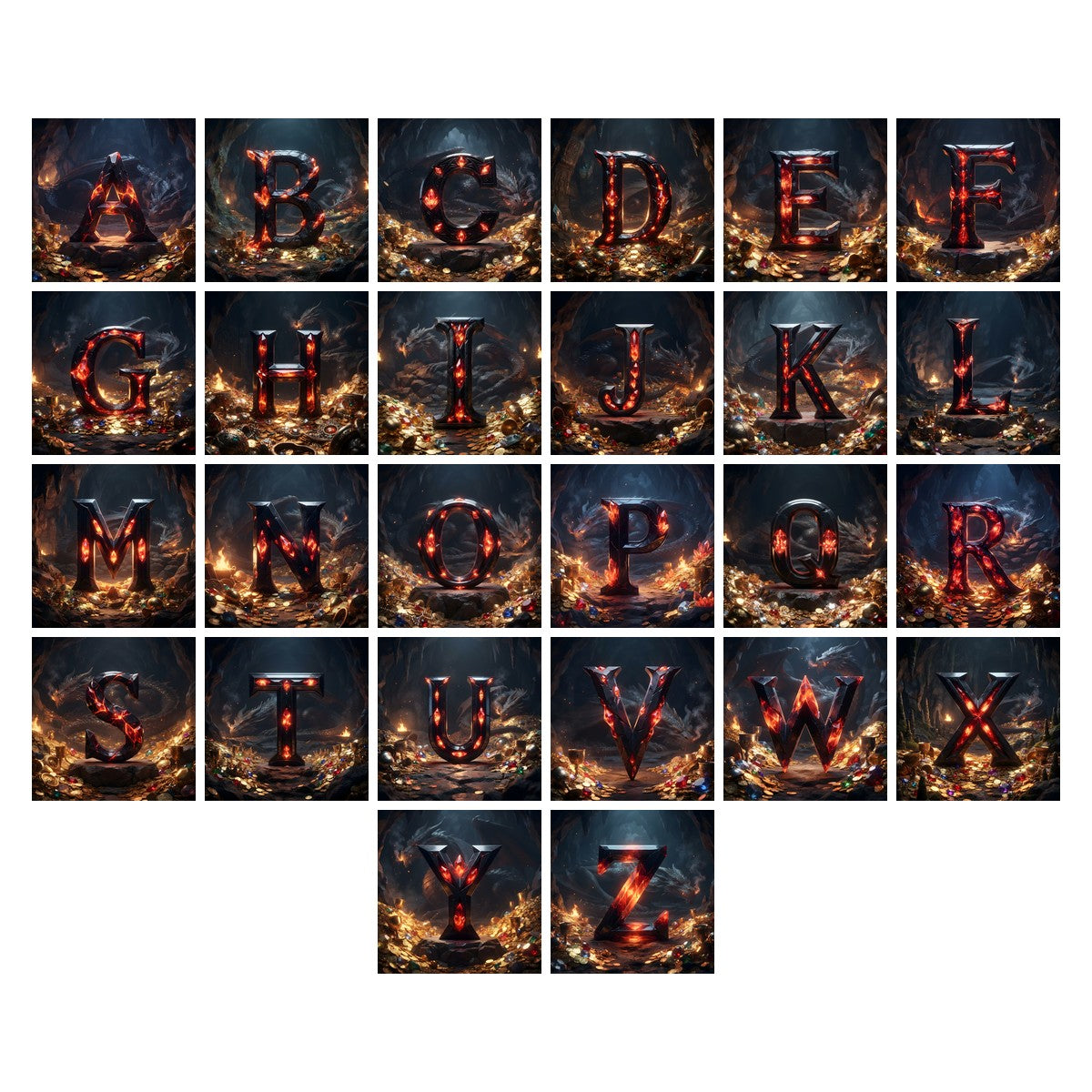 Dragon Lava Cave alphabet — all 26 letters A to Z, choose any single letter