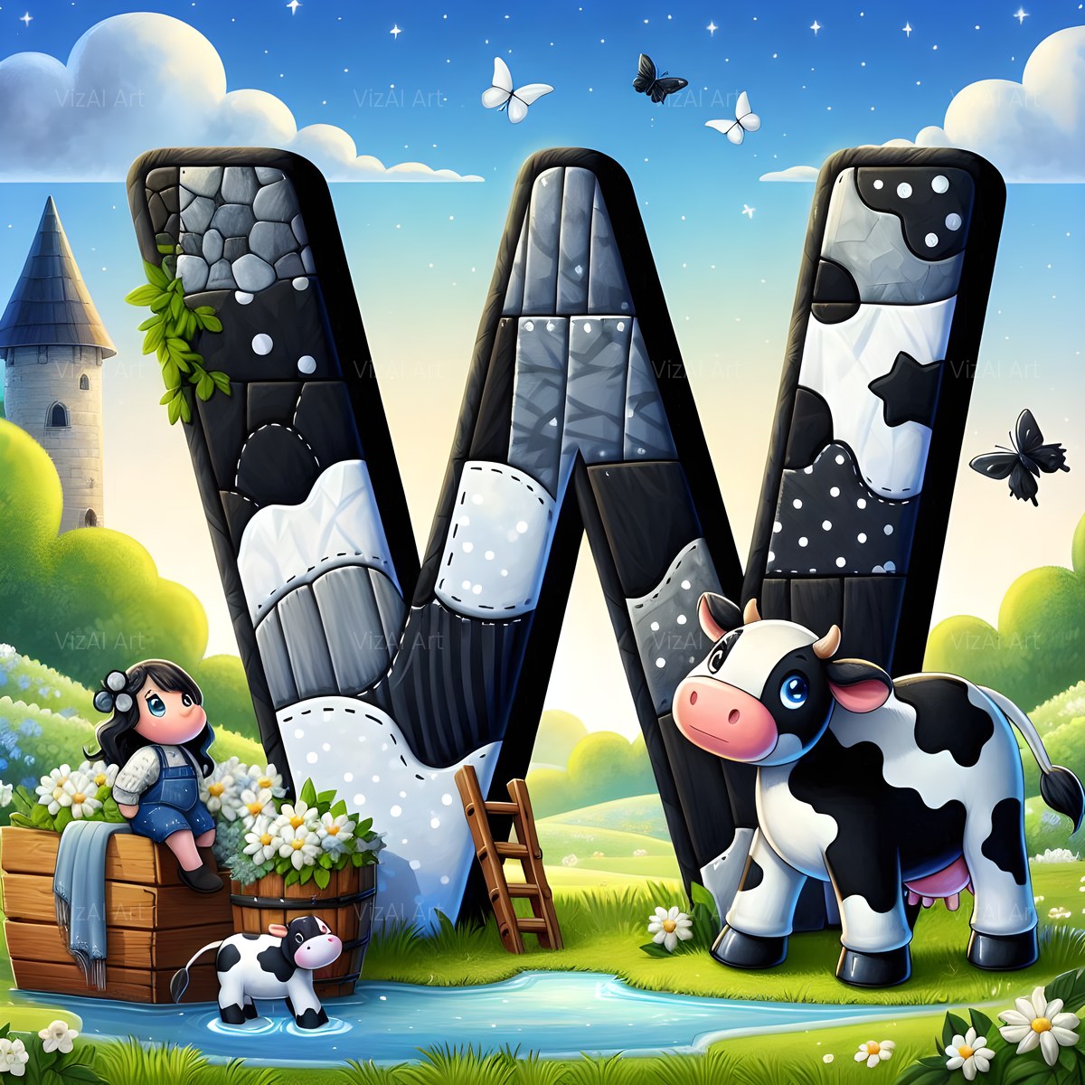 Dairy Cow Patch alphabet — printable letter W