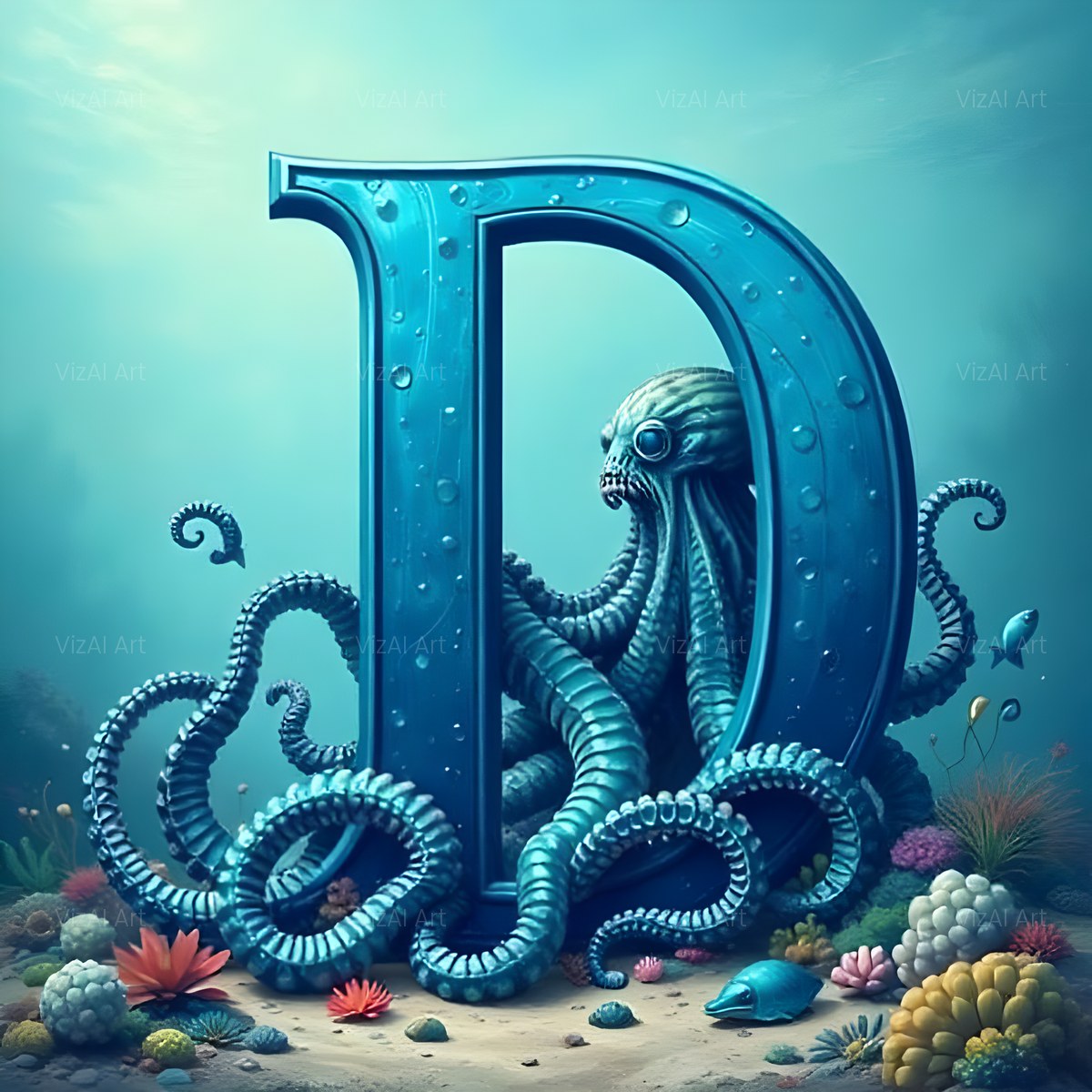 Deep Sea Kraken alphabet — printable letter D