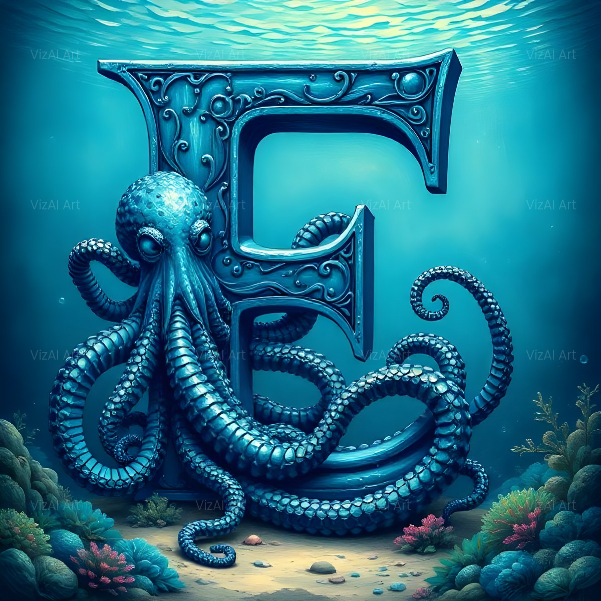 Deep Sea Kraken alphabet — printable letter F