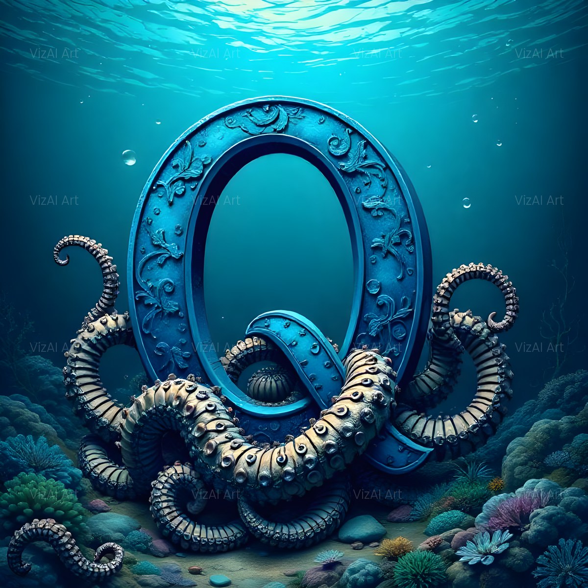 Deep Sea Kraken alphabet — printable letter Q