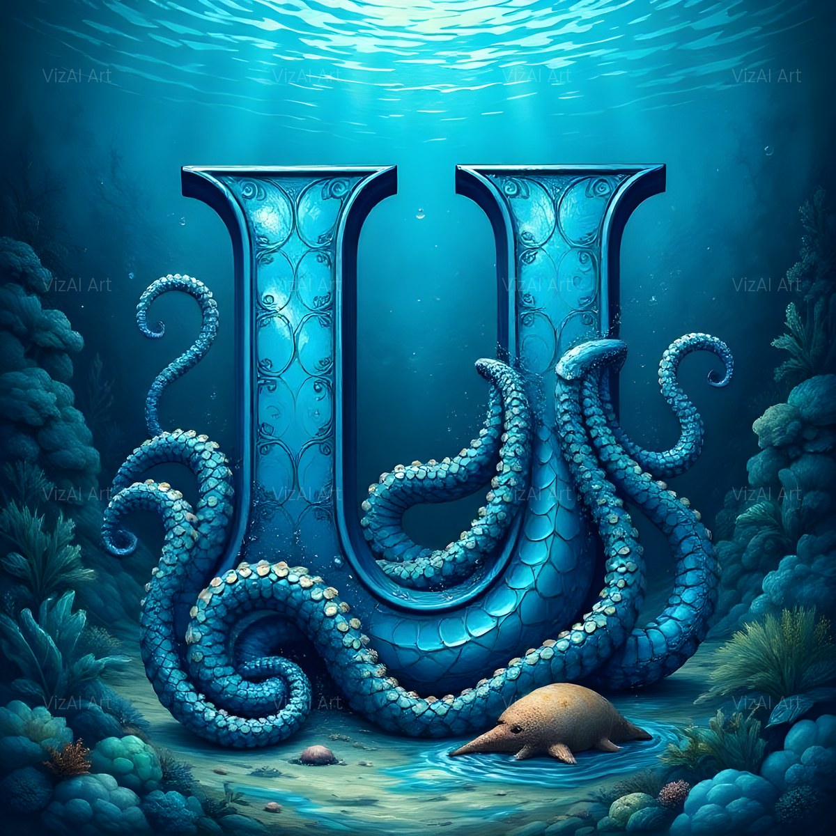 Deep Sea Kraken alphabet — printable letter U