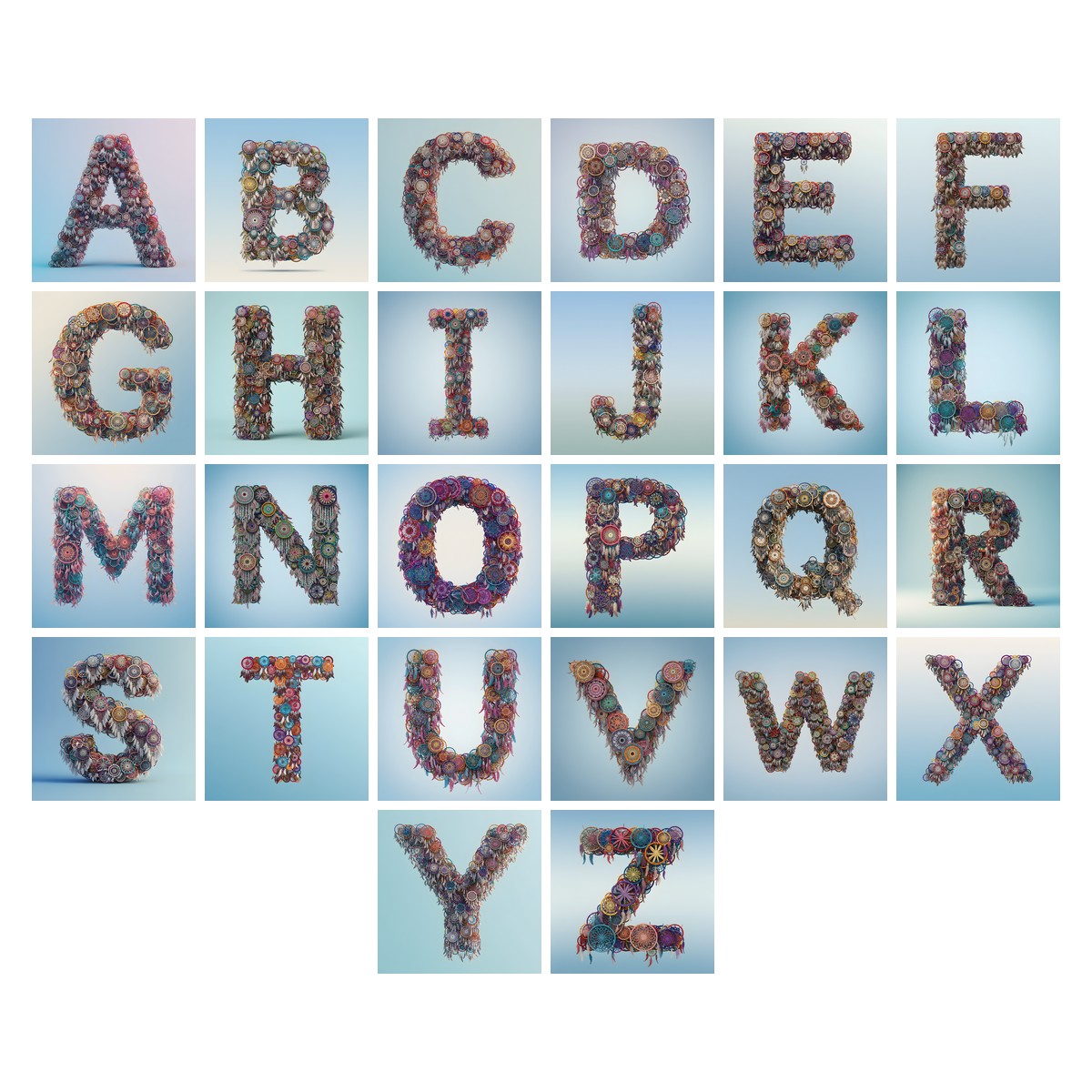 Dusty Rose Dream Catcher alphabet — all 26 letters A to Z, choose any single letter