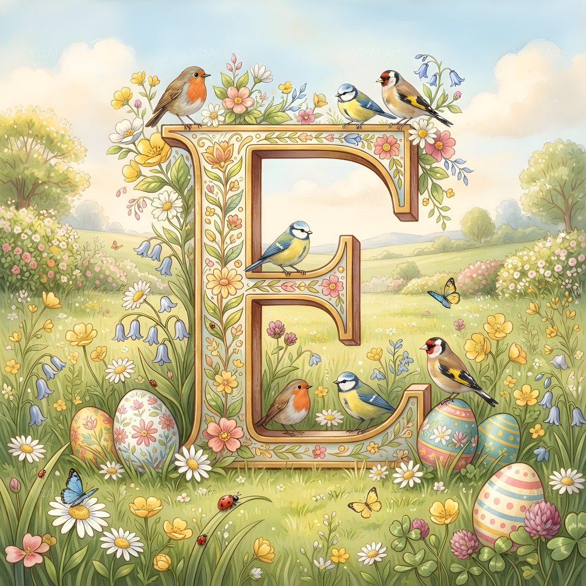 Easter Meadow Morning alphabet — printable letter E