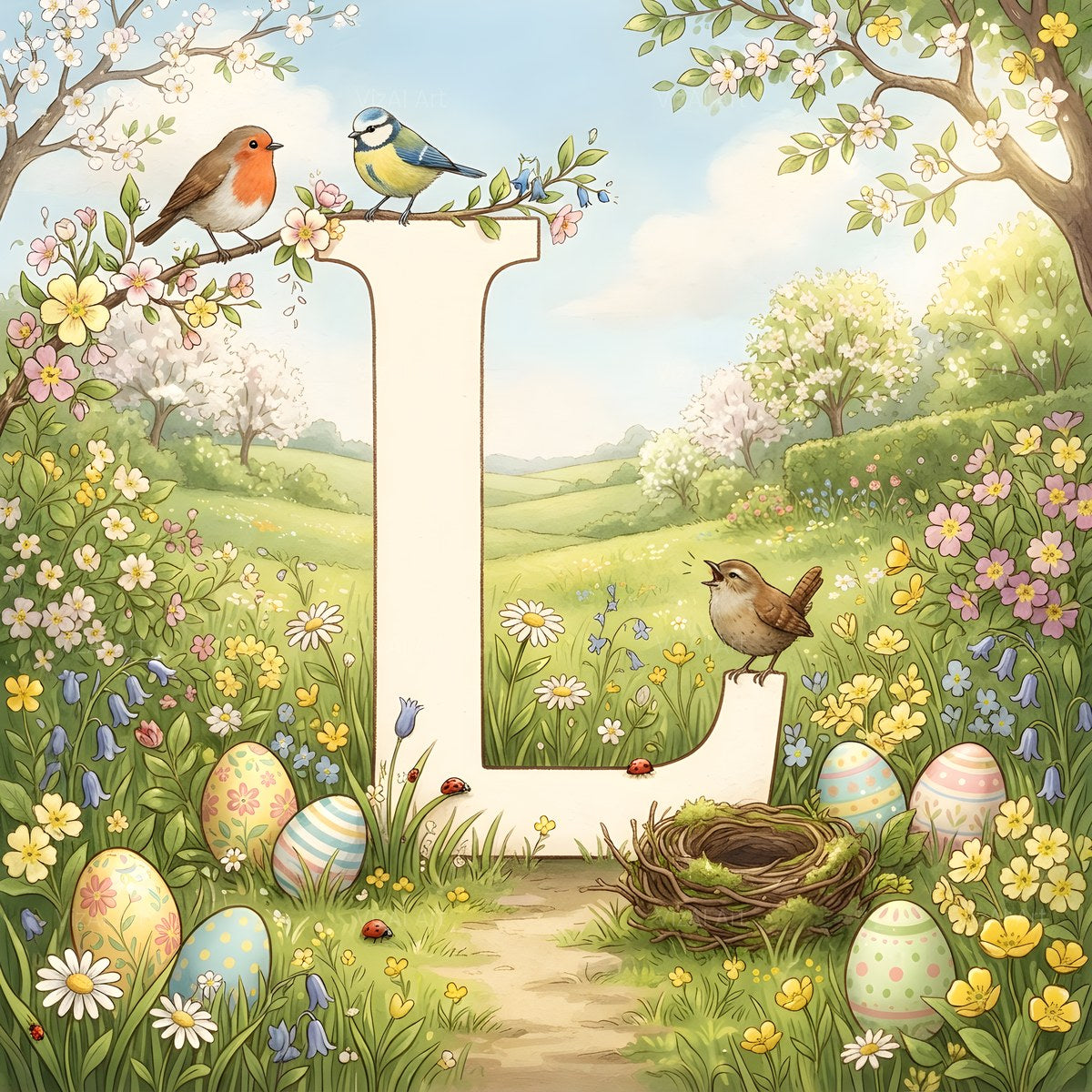 Easter Meadow Morning alphabet — printable letter L