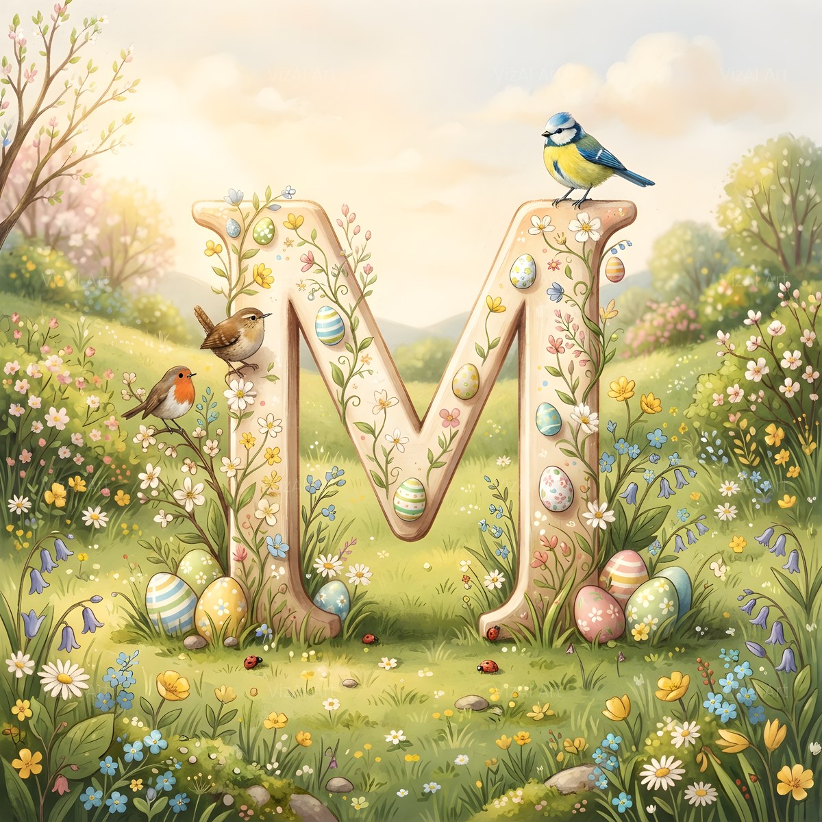 Easter Meadow Morning alphabet — printable letter M