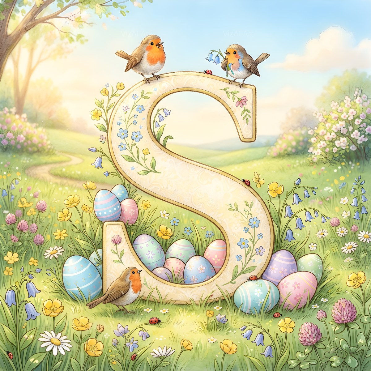 Easter Meadow Morning alphabet — printable letter S