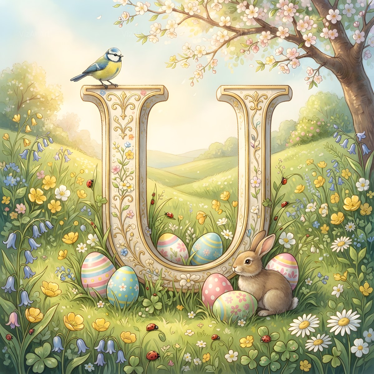 Easter Meadow Morning alphabet — printable letter U