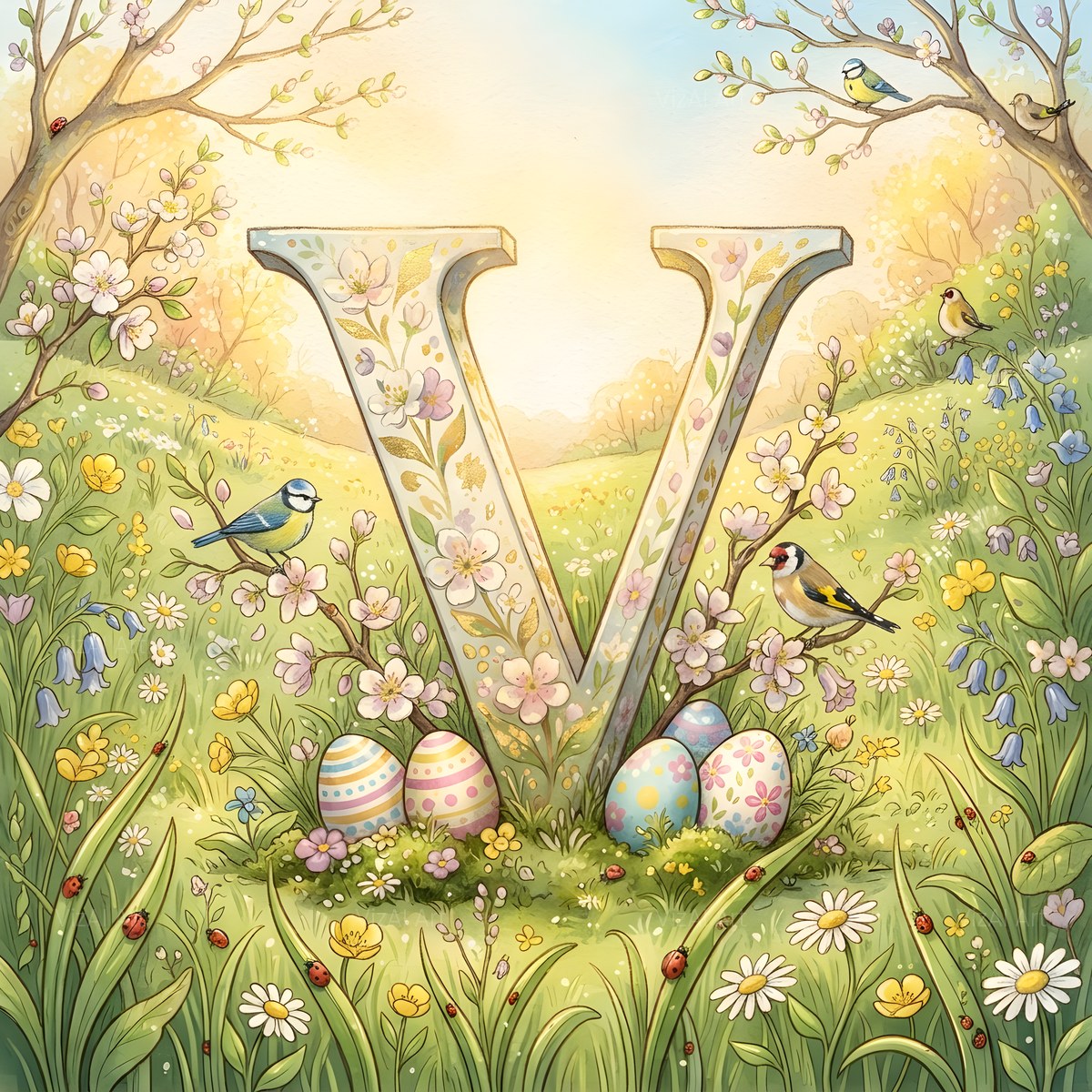 Easter Meadow Morning alphabet — printable letter V