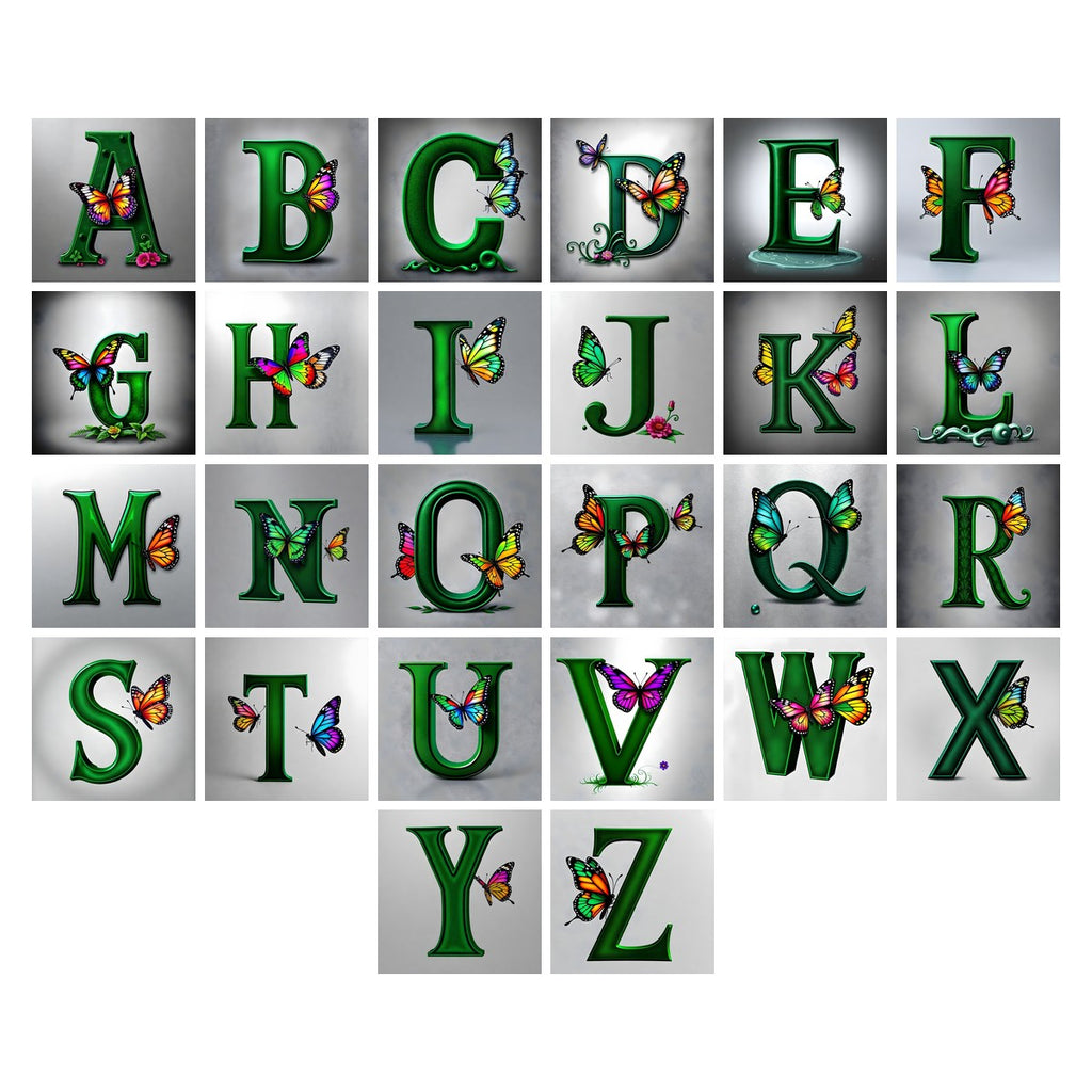 Emerald Butterfly Garden alphabet — all 26 letters A to Z, choose any single letter