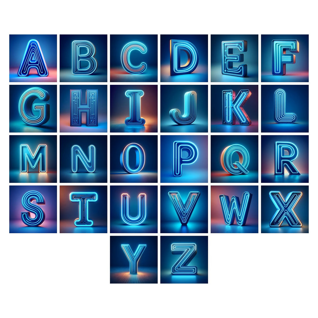 Electric Blue Neon alphabet — all 26 letters A to Z, choose any single letter