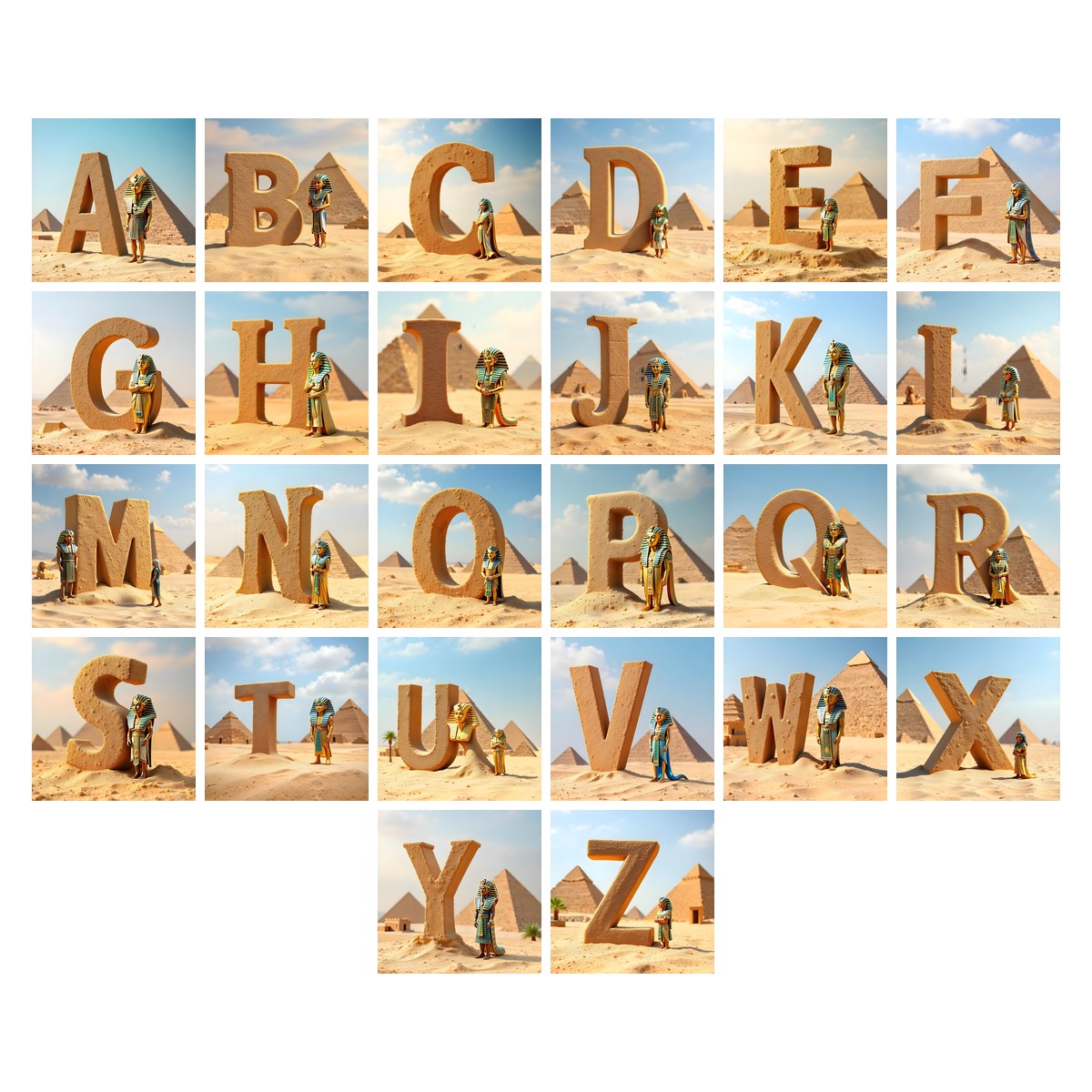 Egyptian Pharaoh Sand alphabet — all 26 letters A to Z, choose any single letter