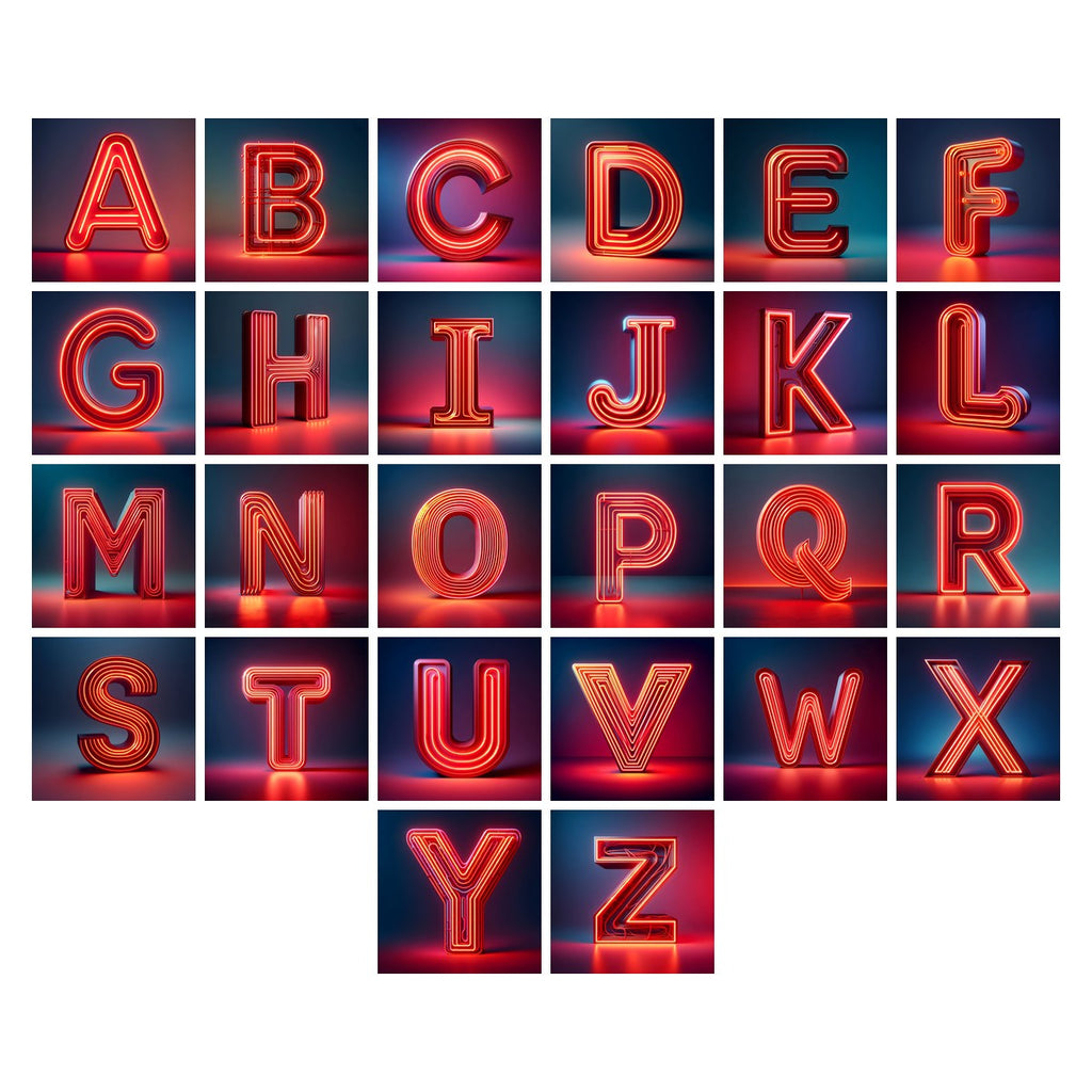 Electric Red Neon alphabet — all 26 letters A to Z, choose any single letter