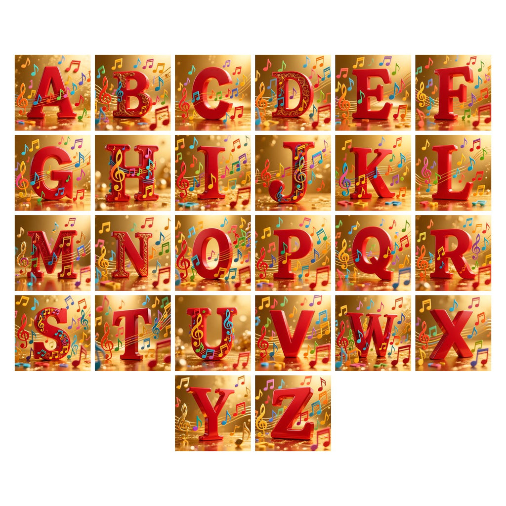 Red Note Fanfare alphabet — all 26 letters A to Z, choose any single letter