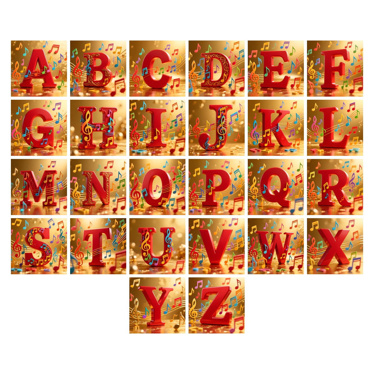 Red Note Fanfare alphabet — all 26 letters A to Z, choose any single letter