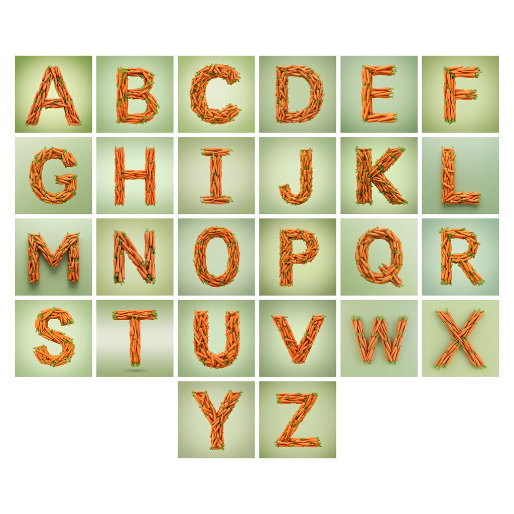 Fresh Carrot Bunch alphabet — all 26 letters A to Z, choose any single letter