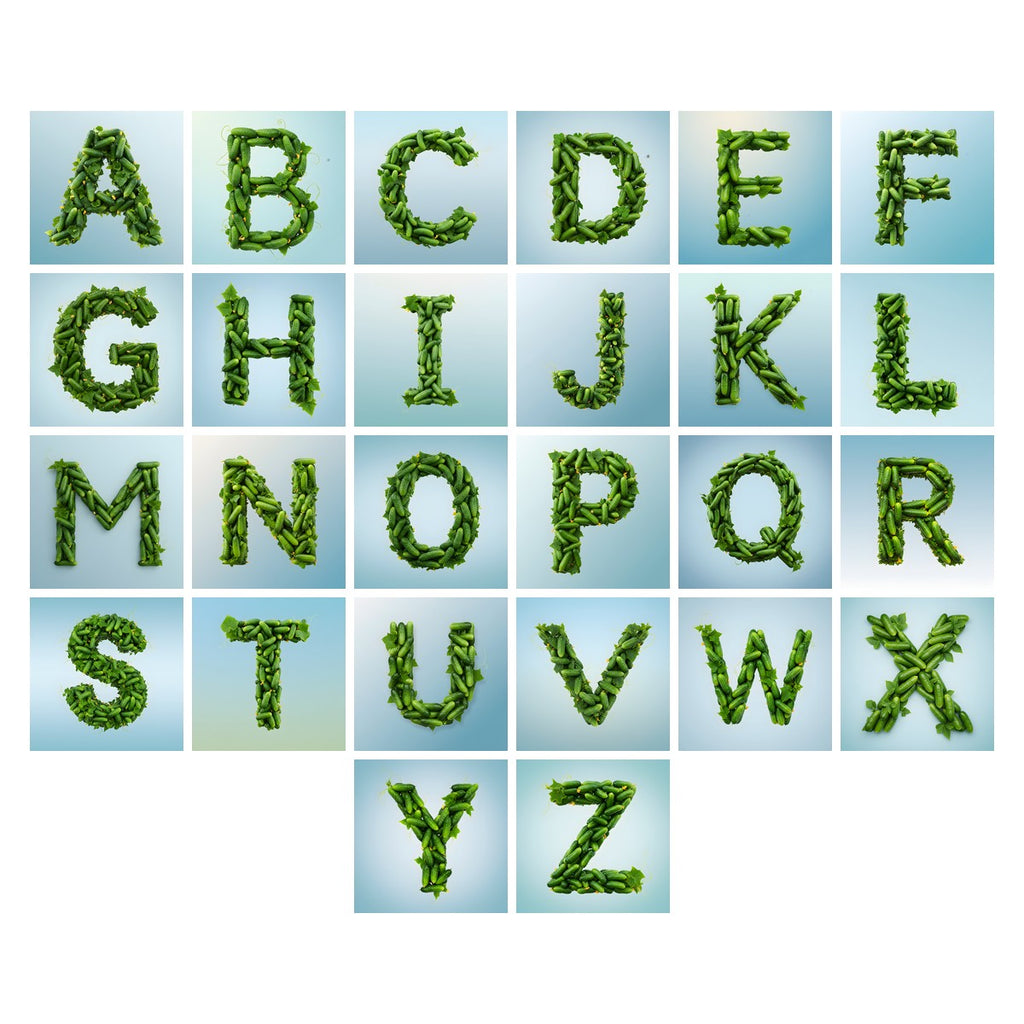 Fresh Cucumber Crunch alphabet — all 26 letters A to Z, choose any single letter