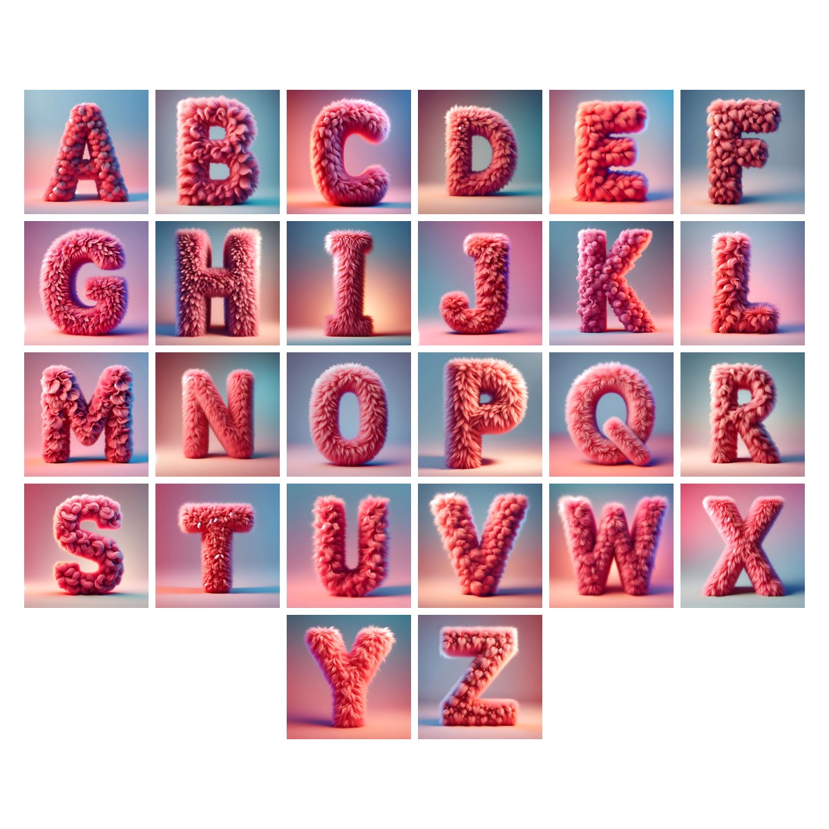 Pink Fur Fluff alphabet — all 26 letters A to Z, choose any single letter