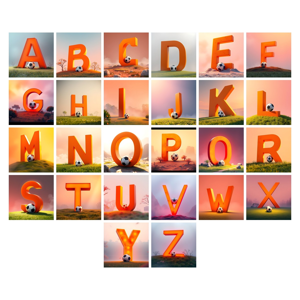 Football Sunset Pitch alphabet — all 26 letters A to Z, choose any single letter