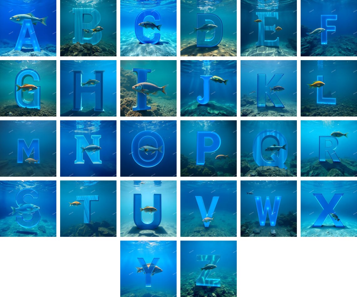 Underwater Fish alphabet — all 26 letters A to Z
