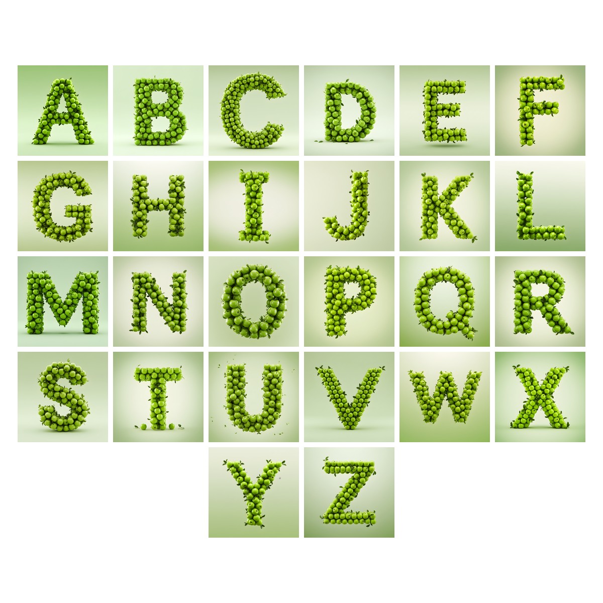 Green Apple Orchard alphabet — all 26 letters A to Z, choose any single letter