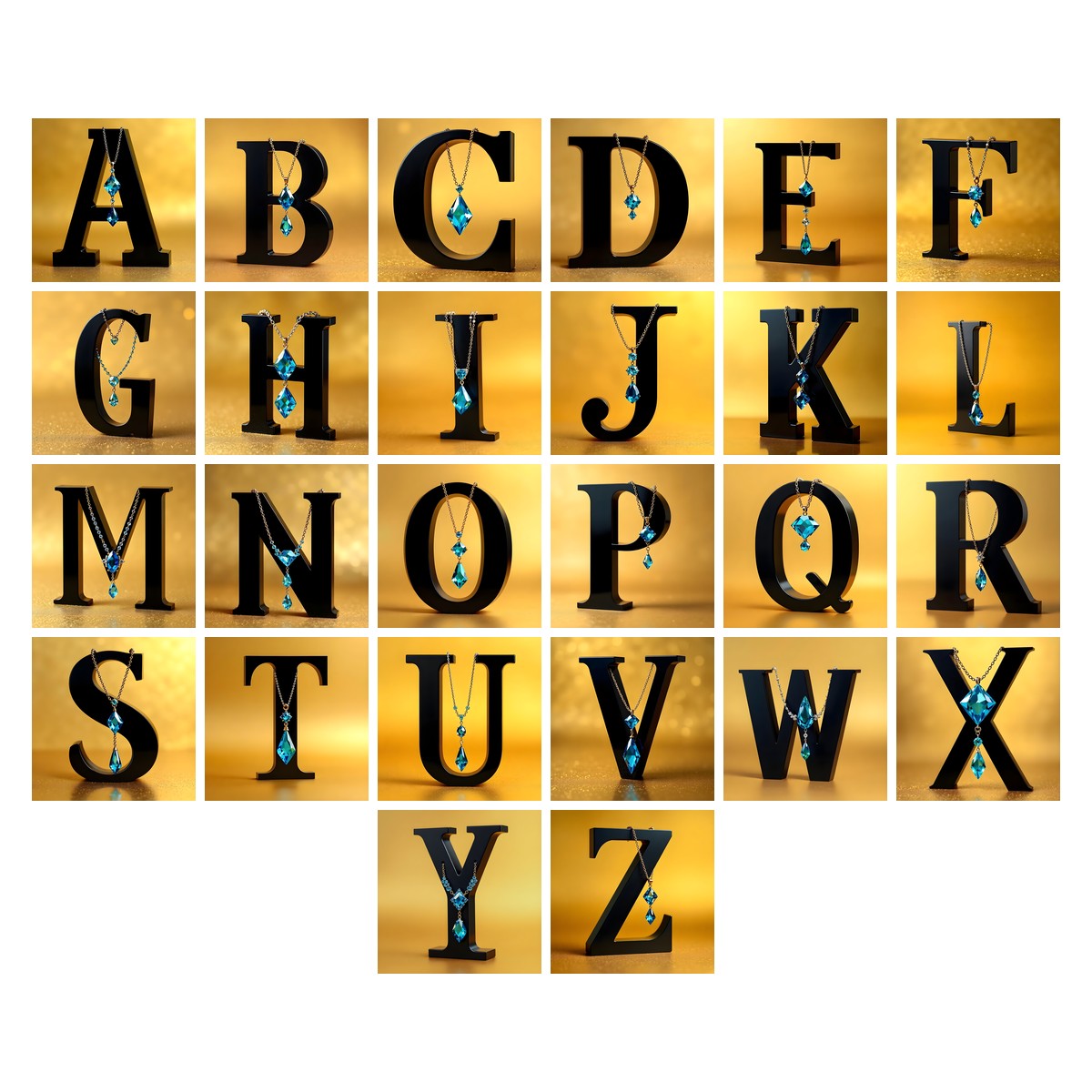 Gem Necklace Gold alphabet — all 26 letters A to Z, choose any single letter