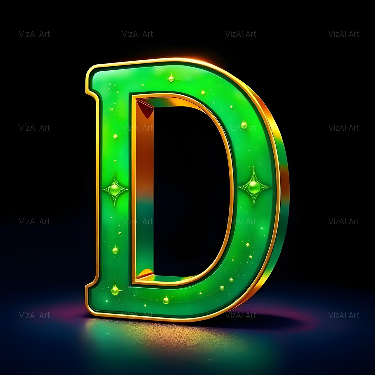 Gold Green Gradient alphabet — printable letter D