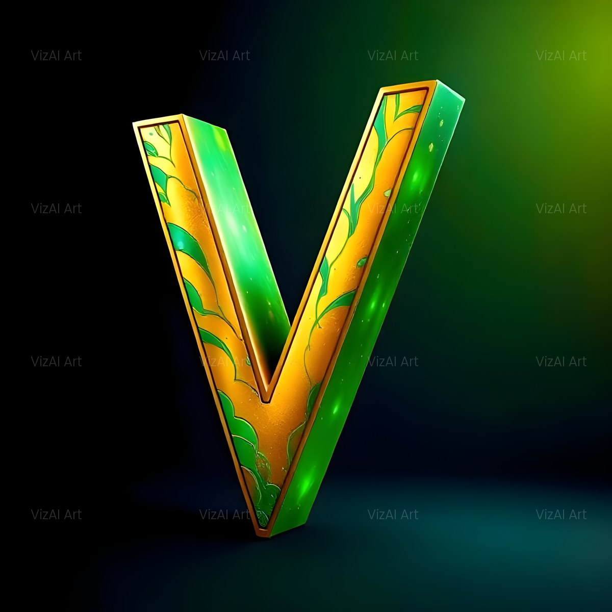 Gold Green Gradient alphabet — printable letter V