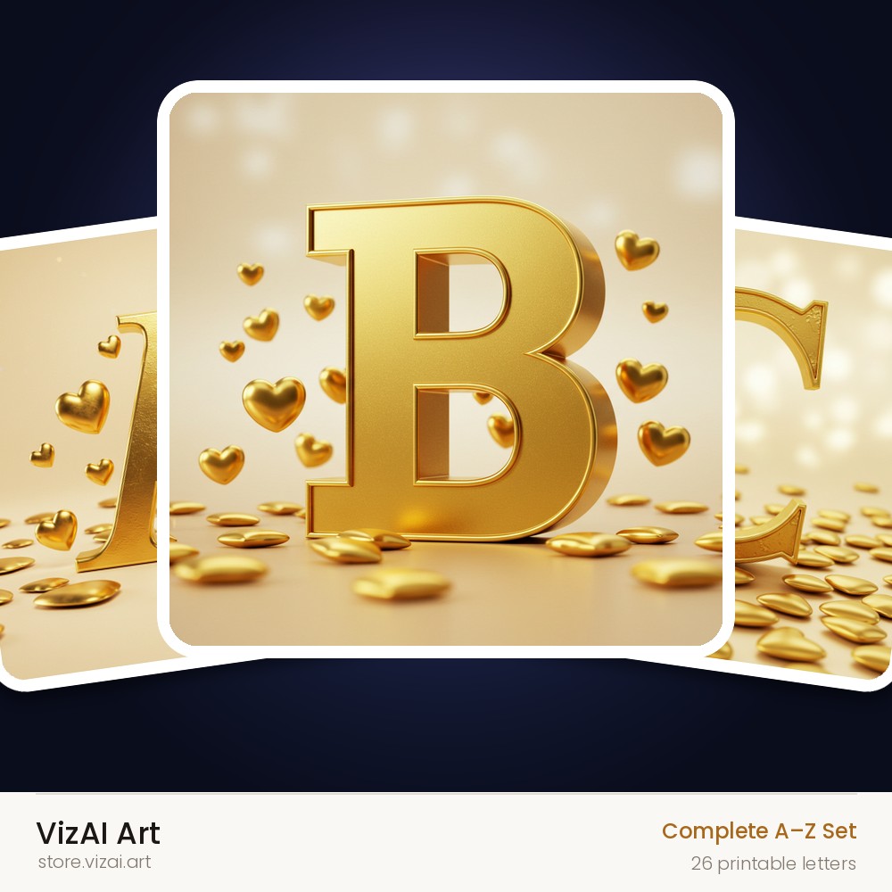 Golden Heart Shimmer alphabet — choose an individual printable letter