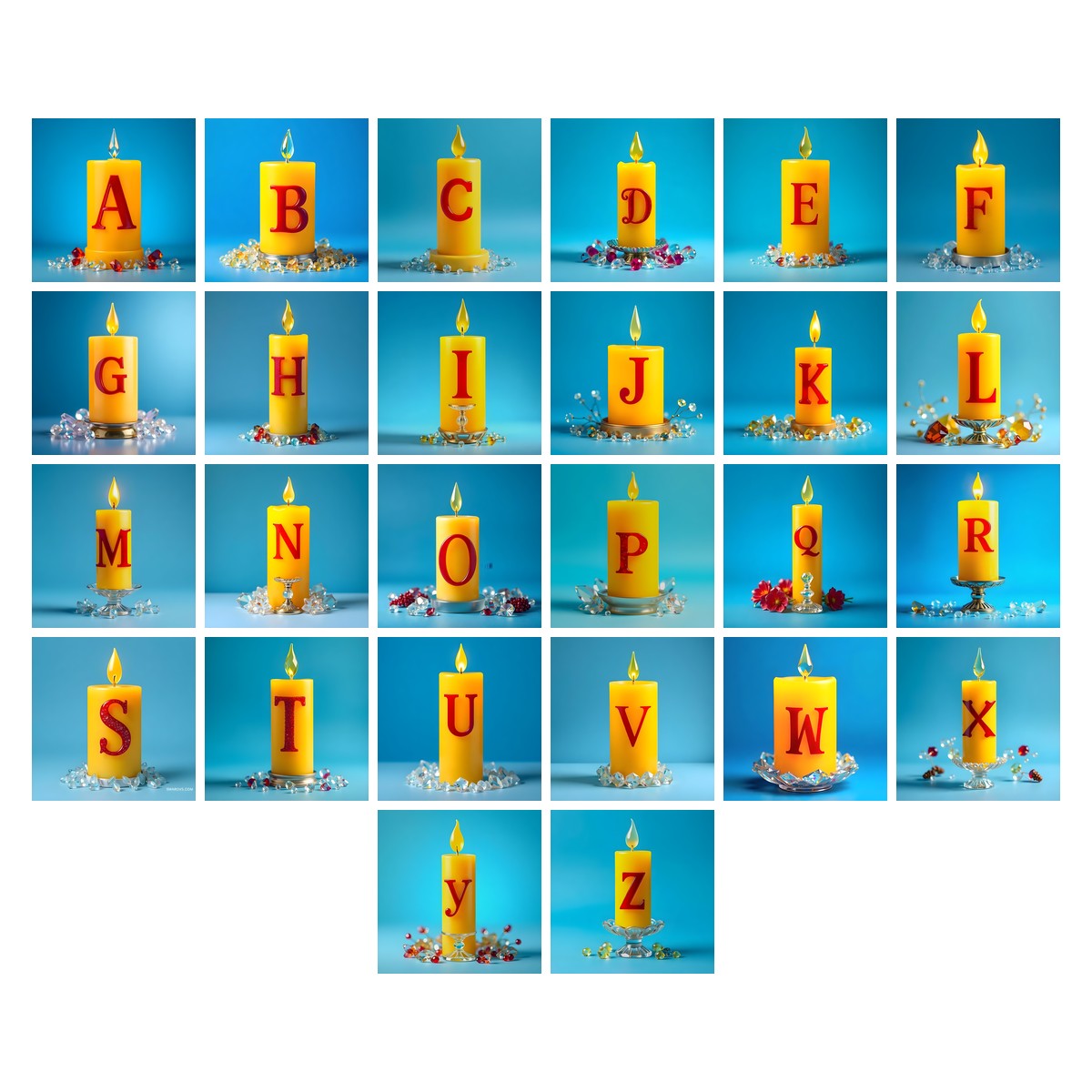 Golden Candle Glow alphabet — all 26 letters A to Z, choose any single letter