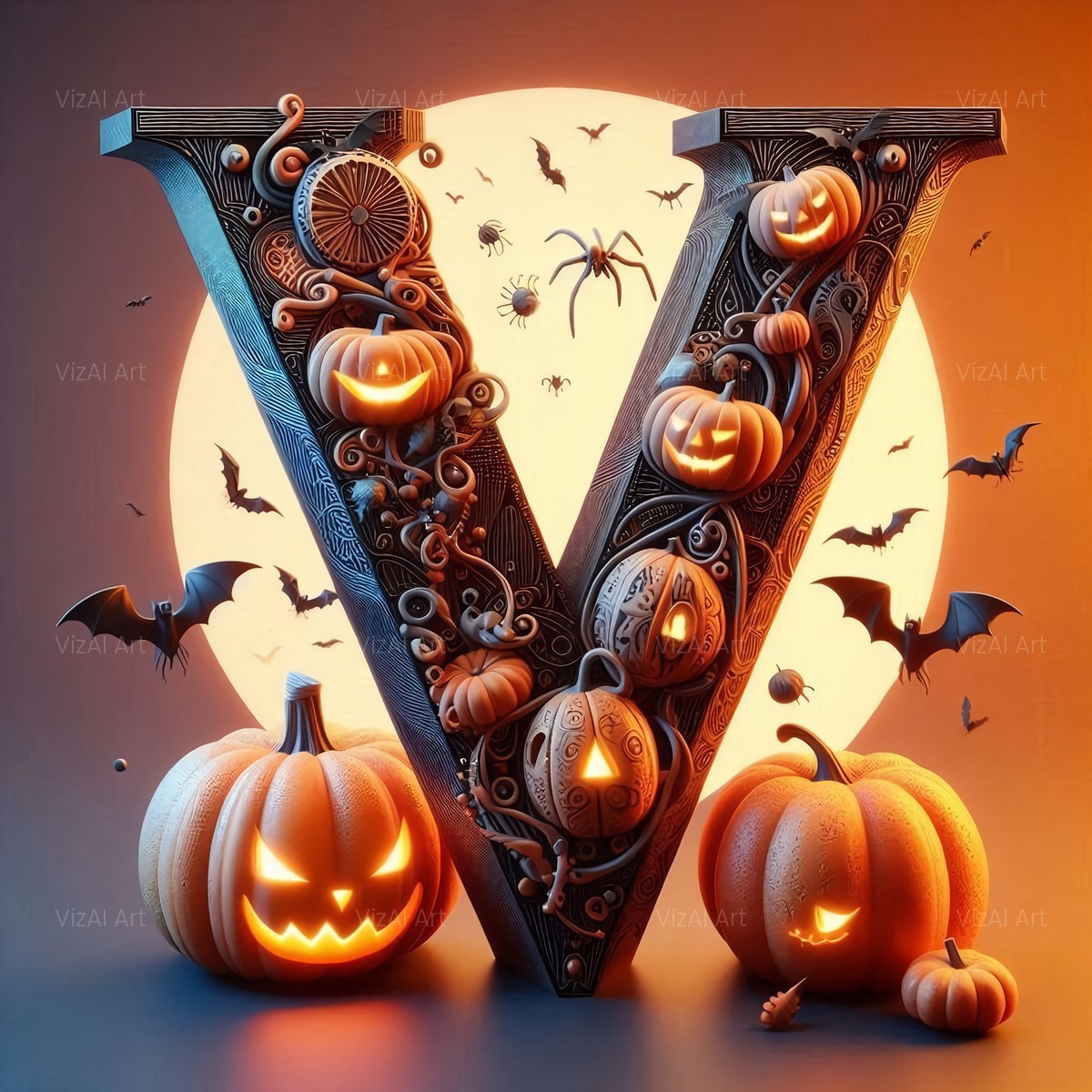 Carved Pumpkin Lantern alphabet — printable letter V