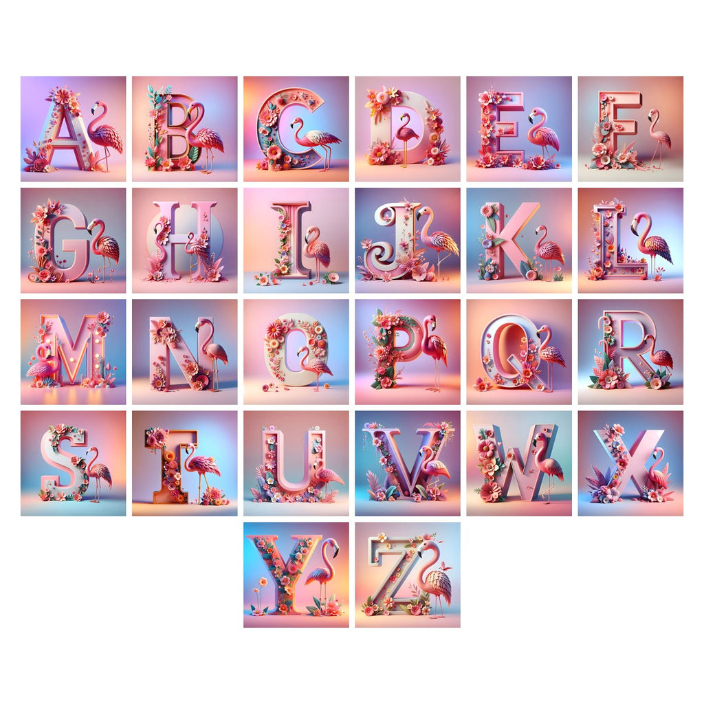 Pink Flamingo Bloom alphabet — all 26 letters A to Z, choose any single letter