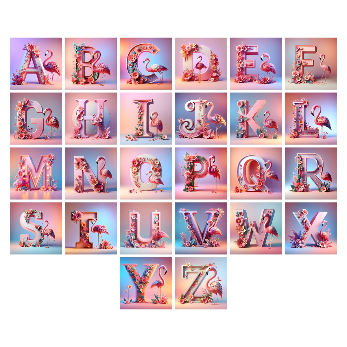Pink Flamingo Bloom alphabet — all 26 letters A to Z, choose any single letter