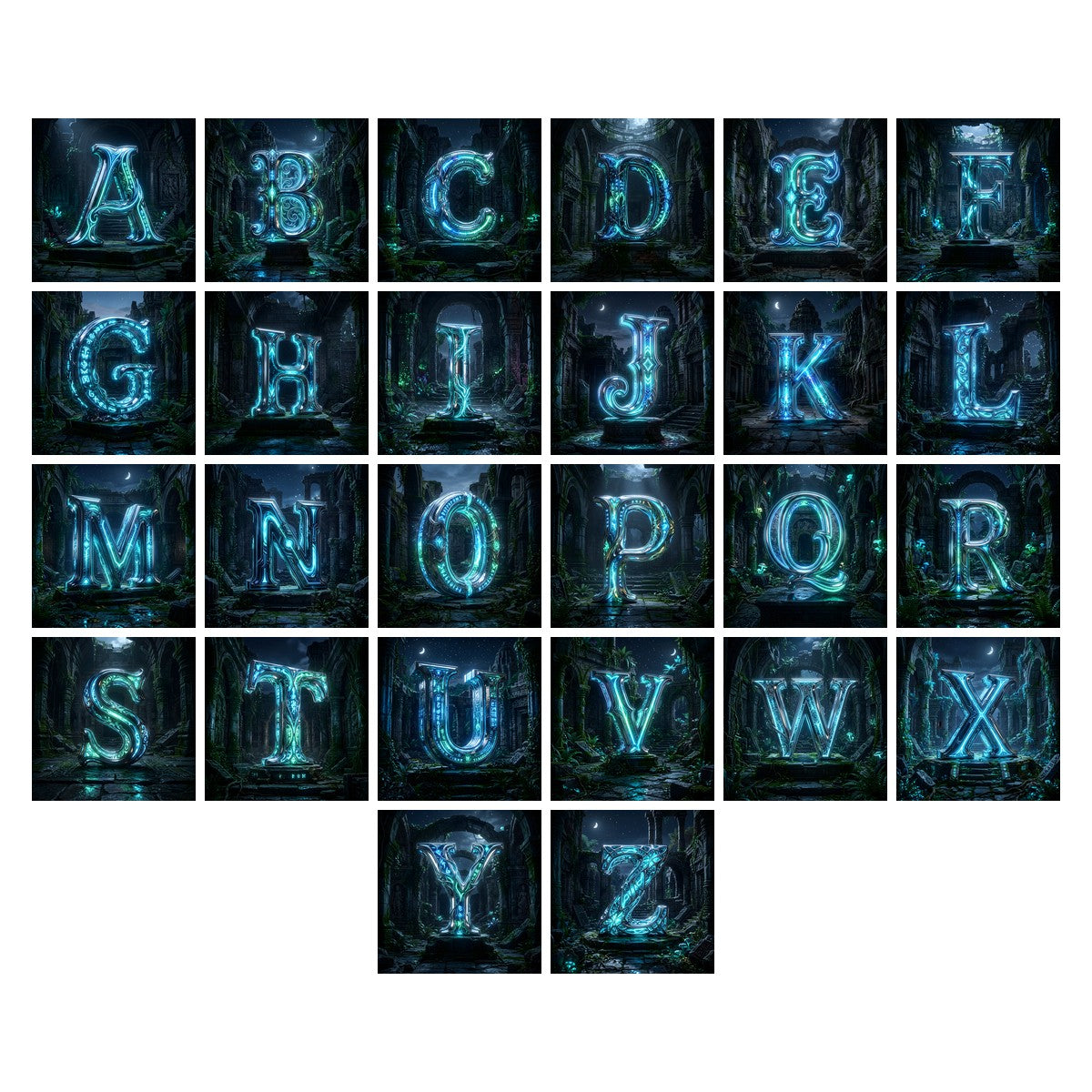 Bioluminescent Grotto alphabet — all 26 letters A to Z, choose any single letter