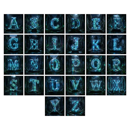 Bioluminescent Grotto alphabet — all 26 letters A to Z, choose any single letter