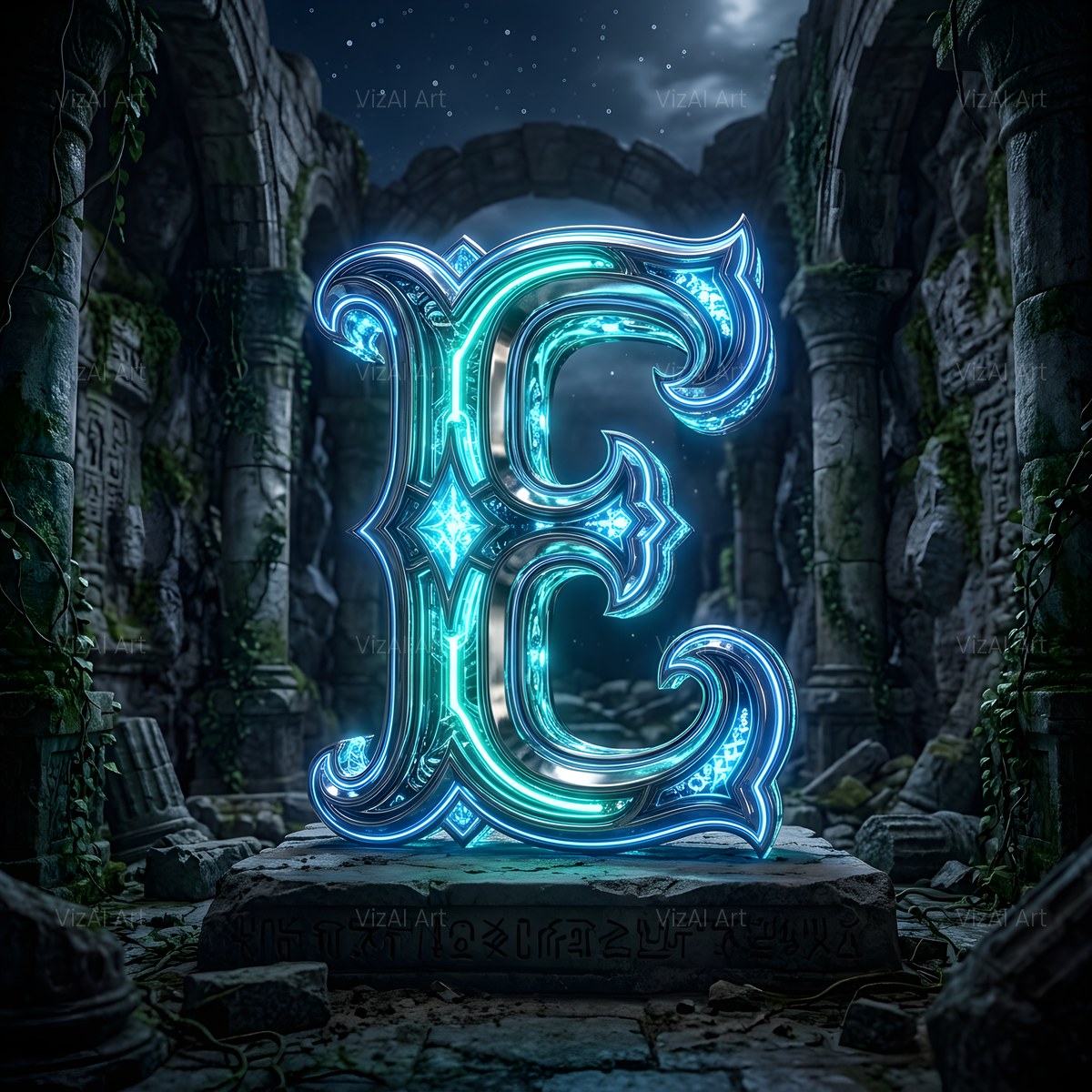 Bioluminescent Grotto alphabet — printable letter E