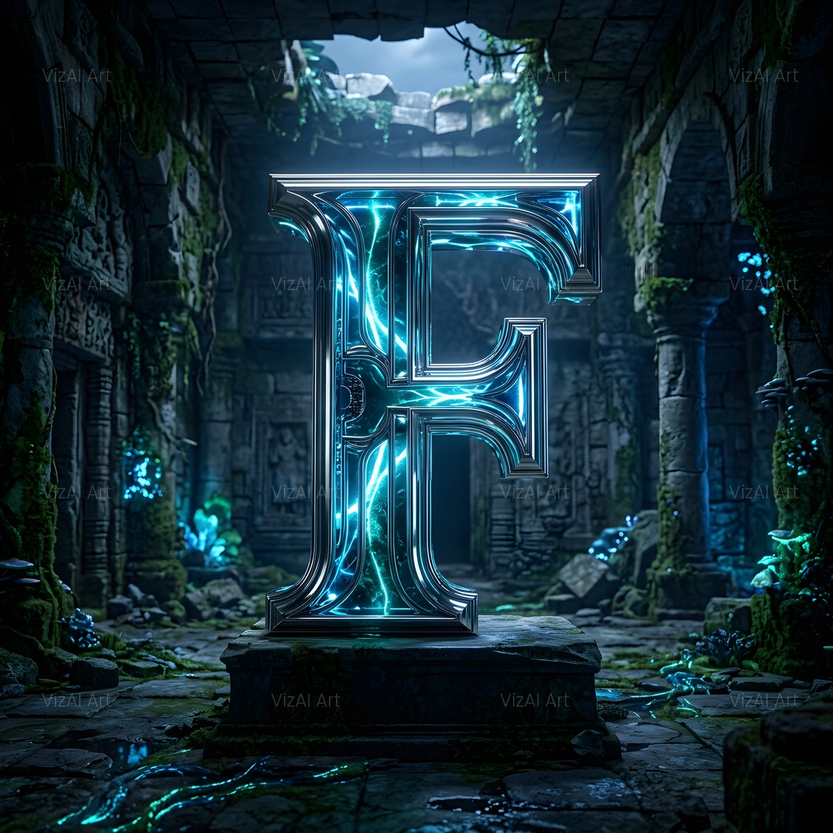 Bioluminescent Grotto alphabet — printable letter F
