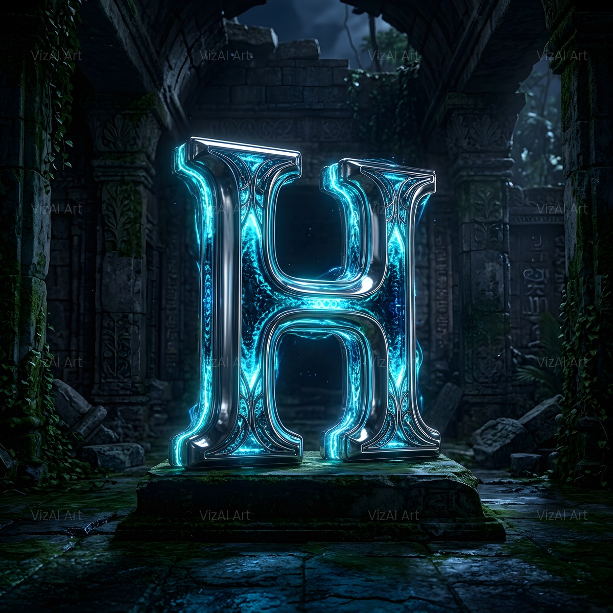 Bioluminescent Grotto alphabet — printable letter H