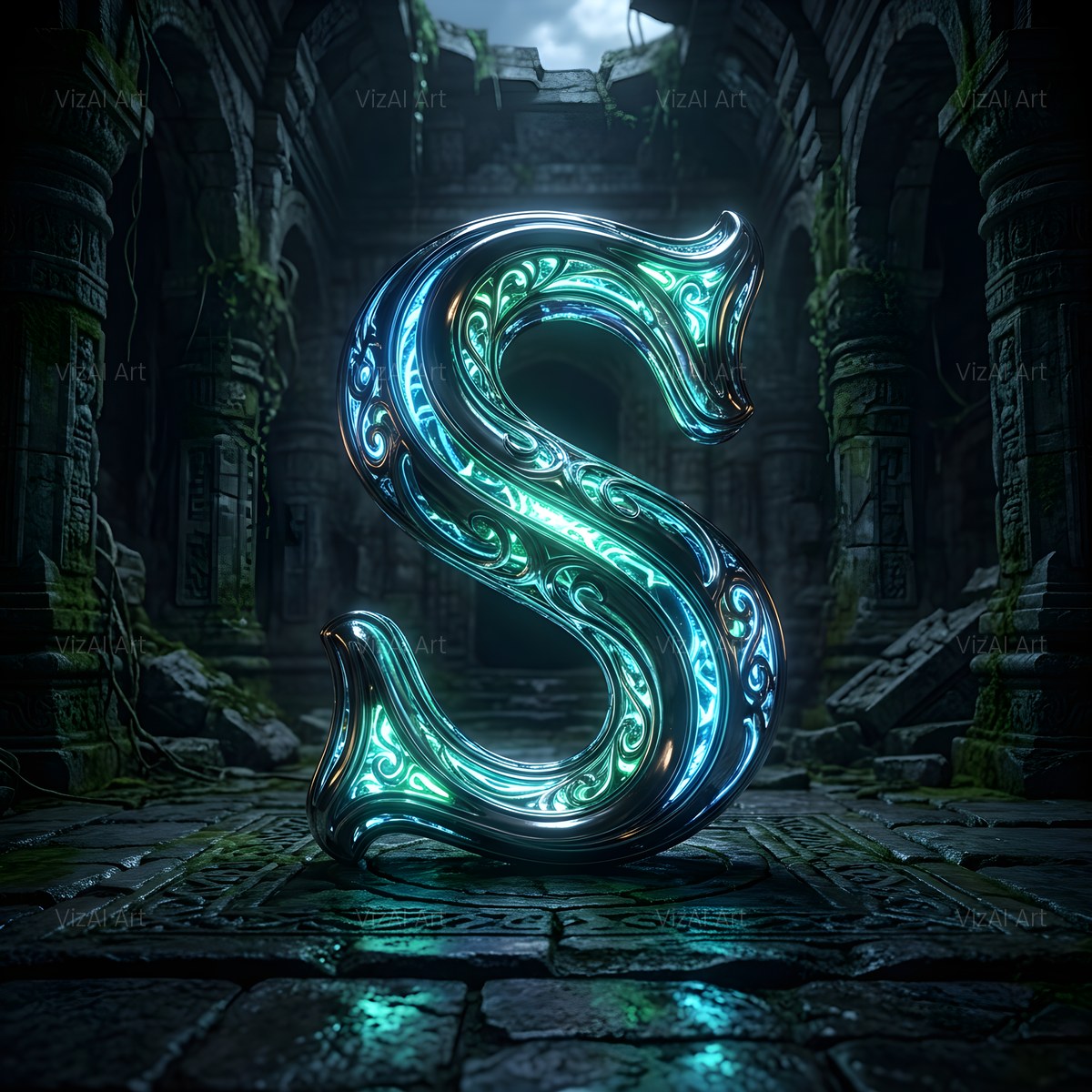Bioluminescent Grotto alphabet — printable letter S
