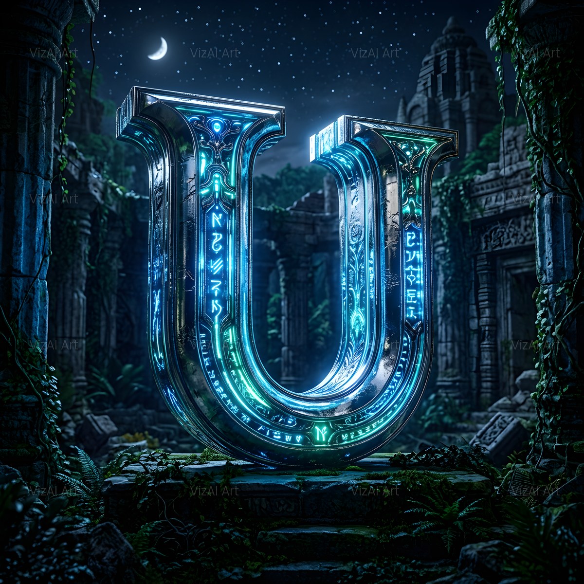 Bioluminescent Grotto alphabet — printable letter U