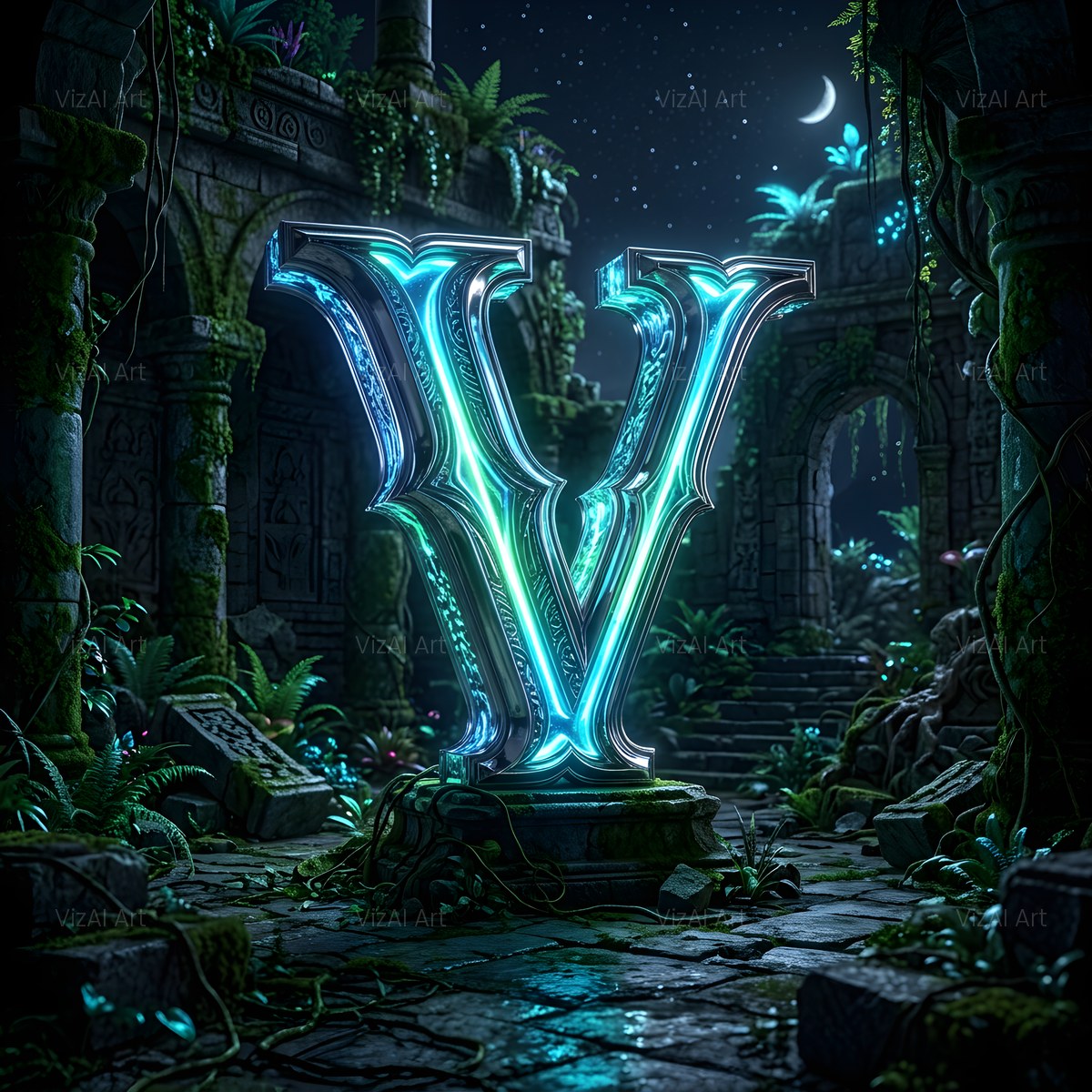 Bioluminescent Grotto alphabet — printable letter V