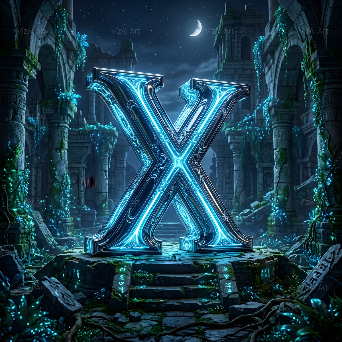 Bioluminescent Grotto alphabet — printable letter X