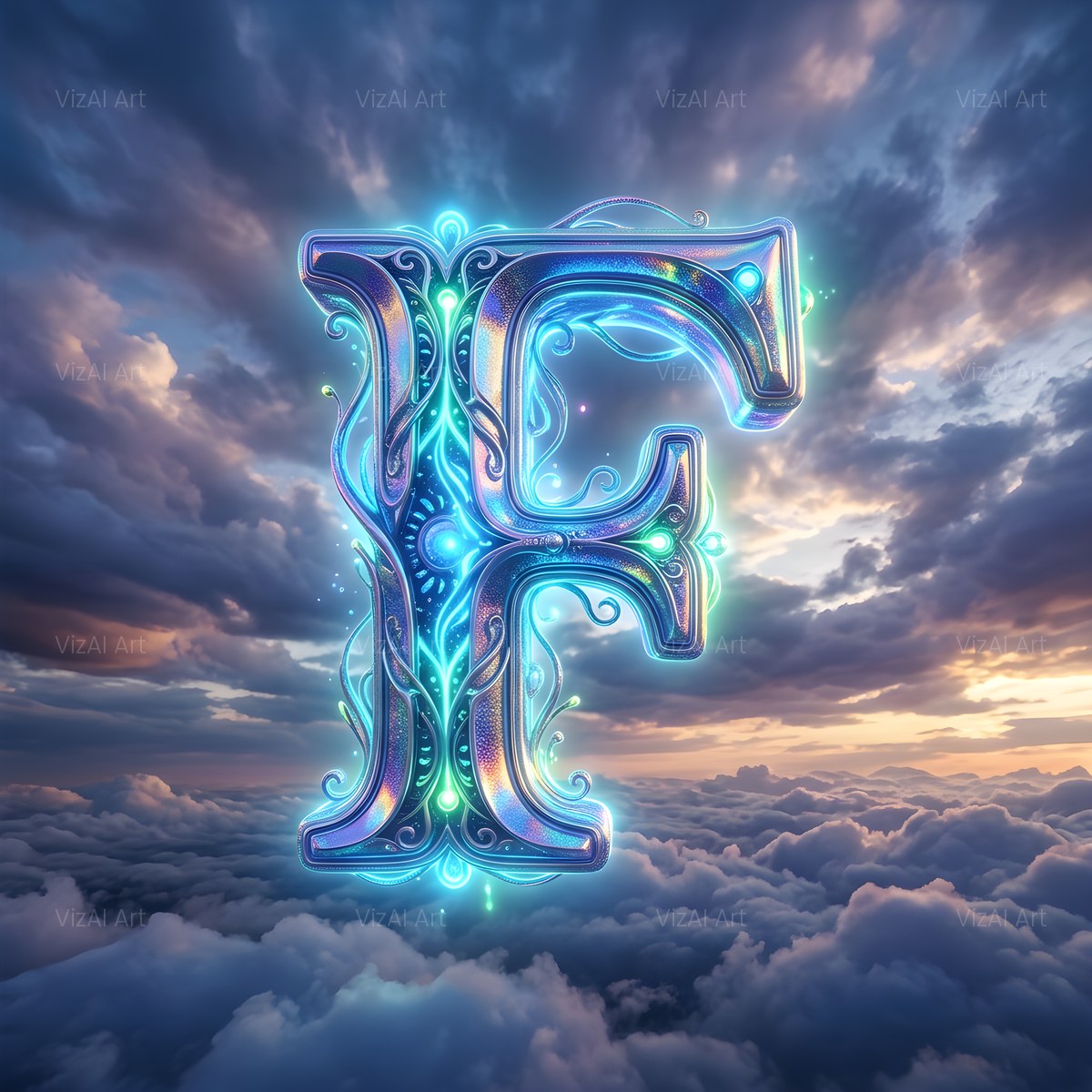 Cloud Sky Iridescent alphabet — printable letter F